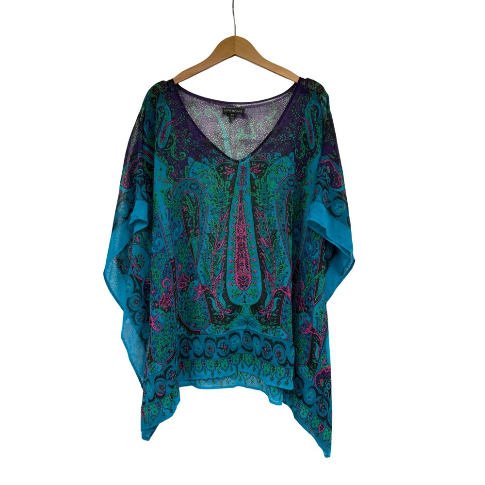 Lane Bryant Teal Purple Paisley Sheer V-Neck Top Size 18/20 Kimono Sleeve